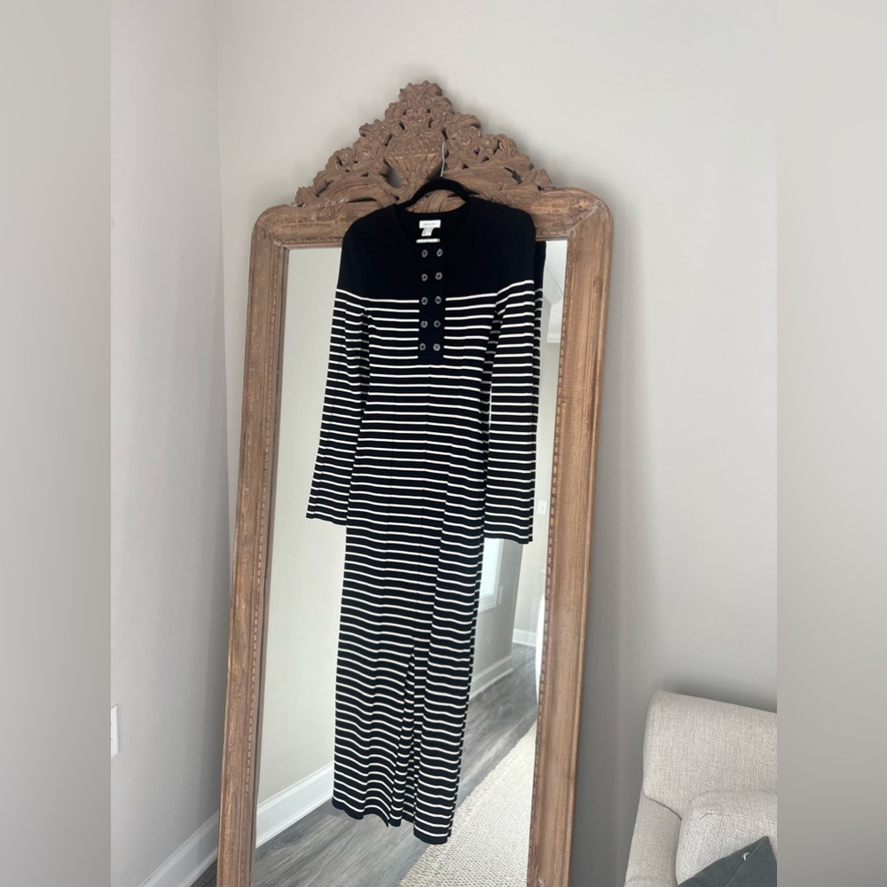 Hm LONG RIB-KNIT DRESS Black and White Striped XS